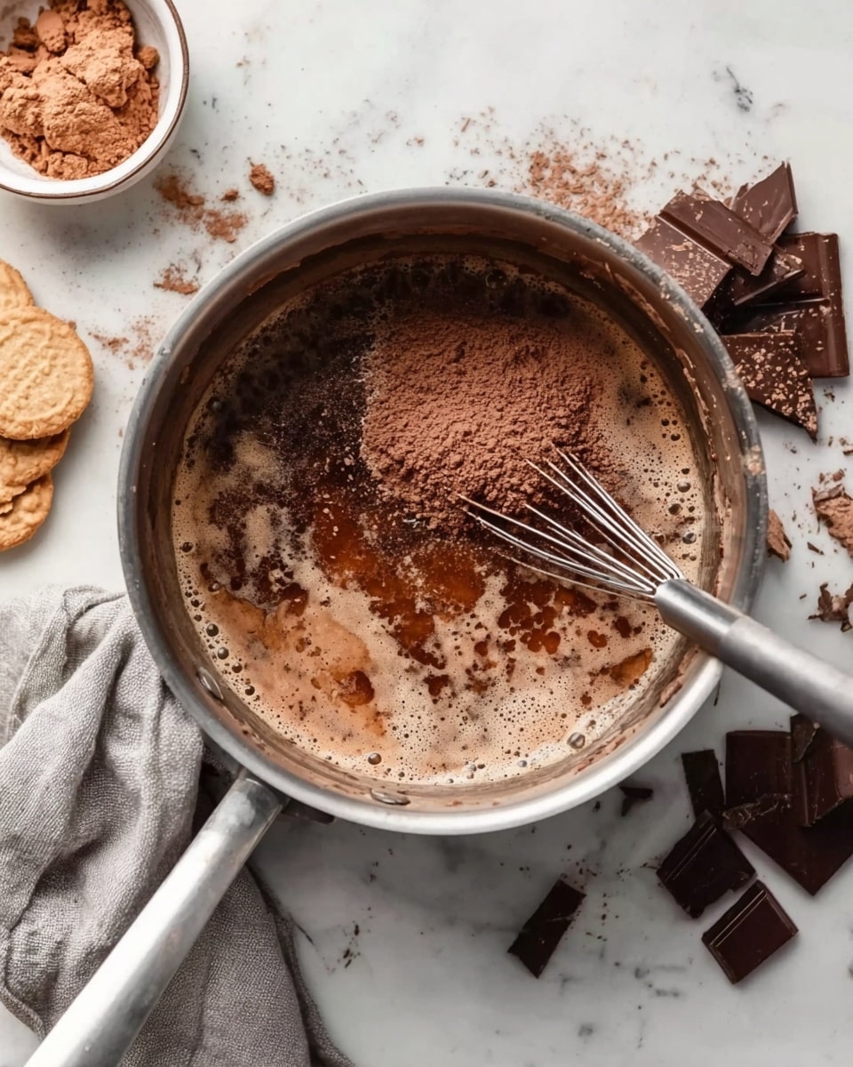 A silver pot holds a mix of ingredients being stirred with a small whisk. At the bottom of the pot, a light brown liquid and small bubbles show cooking under a layer of dry cocoa powder that sits in two small mounds and some uneven clumps spread on the surface. The pot rests on a white marbled texture surface, with some pieces of broken dark chocolate and a bowl of round biscuits around it. A light gray cloth lies to the left side of the pot. photo taken with an iphone --ar 4:5 --v 7