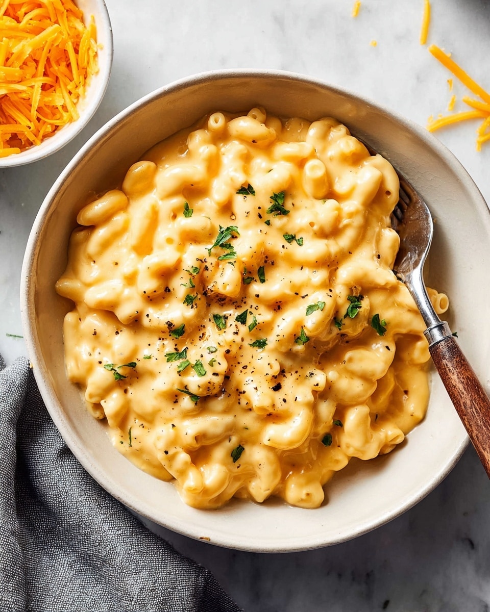 A deep white bowl is filled with creamy macaroni and cheese, showing about two layers of small elbow macaroni covered thickly in smooth, light orange cheese sauce. The cheese sauce looks shiny and rich, coating every piece evenly. There is a sprinkle of chopped green herbs on top, adding fresh color, as well as small black pepper specks scattered across the surface. A silver fork with a wooden handle rests inside the bowl, partially submerged in the cheesy pasta. The bowl sits on a white marbled surface, with a small white bowl filled with shredded cheddar cheese and a gray cloth napkin nearby photo taken with an iphone --ar 4:5 --v 7
