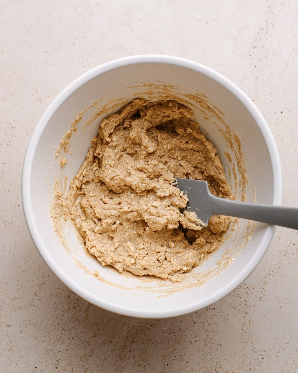 A white mixing bowl sits on a white marbled surface, filled with a single thick layer of beige oat dough that has a slightly rough and textured surface due to the visible oats mixed throughout. A gray spatula rests inside the bowl, partially embedded in the dough, with some dough sticking to its edge. The inside walls of the bowl show smears of the same oat dough, indicating it has been stirred well. Photo taken with an iphone --ar 4:5 --v 7
