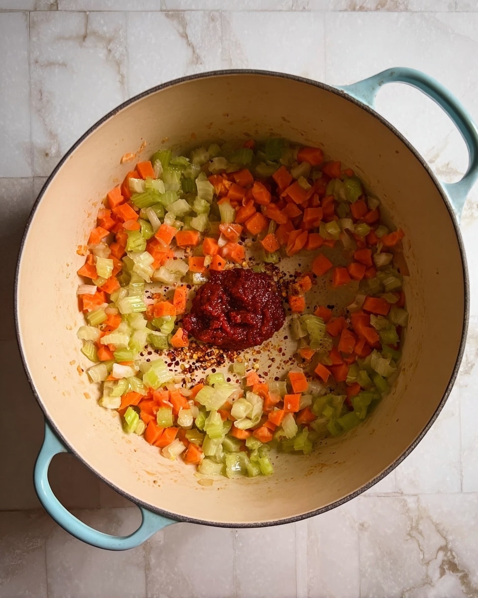 Inside a white enameled cooking pot with pale blue handles, there is a mix of small diced orange carrots and light green celery pieces sautéed and spread unevenly around the edges in a light oil sheen. In the center, there is a small dollop of thick deep red tomato paste sitting on the light beige bottom of the pot, with some scattered flakes of dark red chili pepper nearby. The pot is placed on a surface with a white marbled texture. photo taken with an iphone --ar 4:5 --v 7