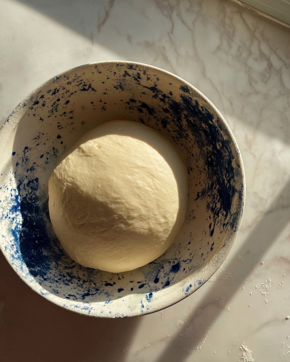 A close-up image of a single smooth dough ball resting in a white bowl with dark blue splatters all around its inside edge. The dough is pale cream in color with a slightly matte and soft texture. The bowl sits on a white marbled surface with sunlight hitting one side of the dough, casting a soft shadow on the other side. Photo taken with an iphone --ar 4:5 --v 7