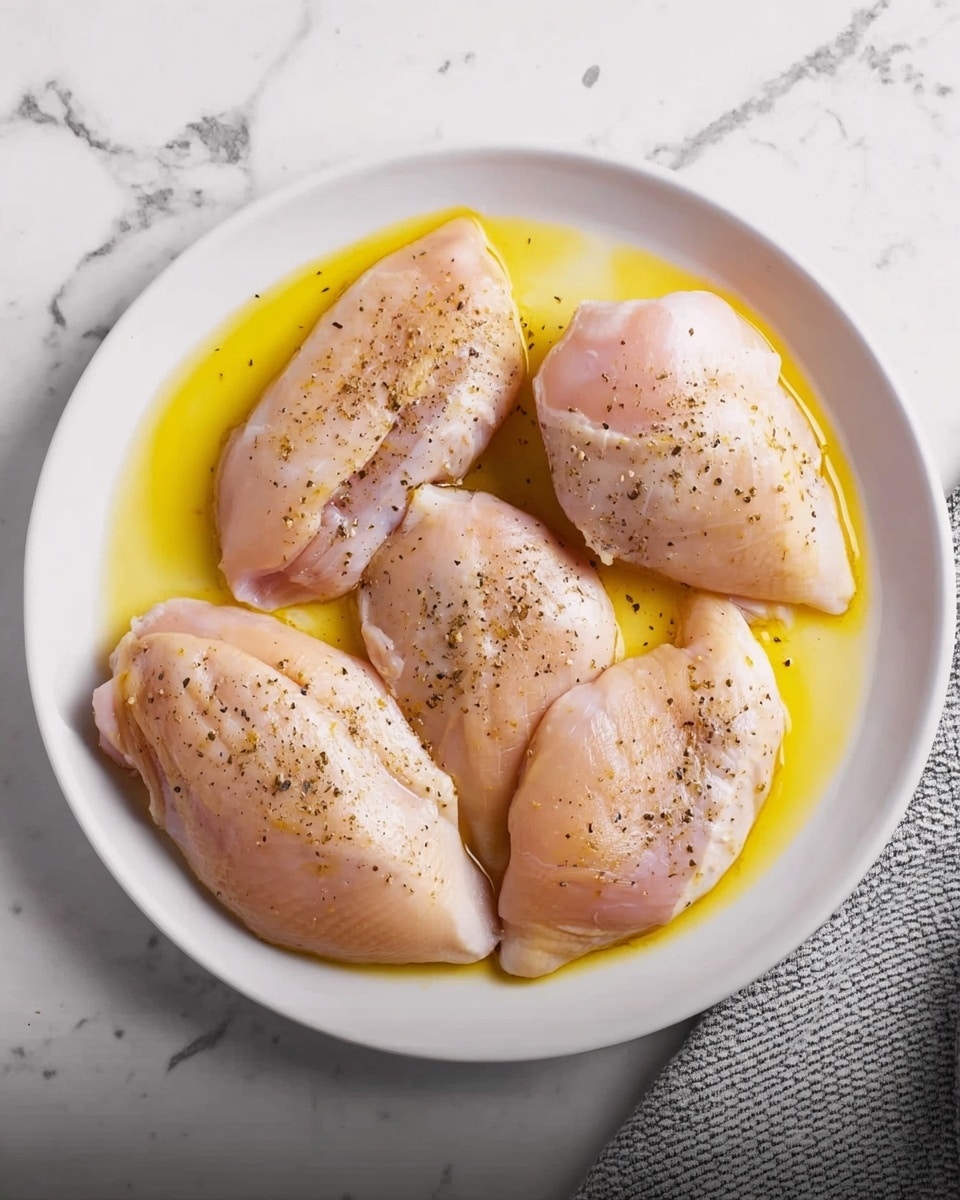 The image shows four raw chicken pieces laid flat on a white plate. Each piece is pale pink with smooth, moist skin and is sprinkled with a light dusting of black pepper on top. The chicken rests in a pool of golden yellow oil that spreads slightly around the edges of the plate. The plate sits on a white marbled surface, and a gray patterned cloth is partially visible near the top right corner of the image. photo taken with an iphone --ar 4:5 --v 7
