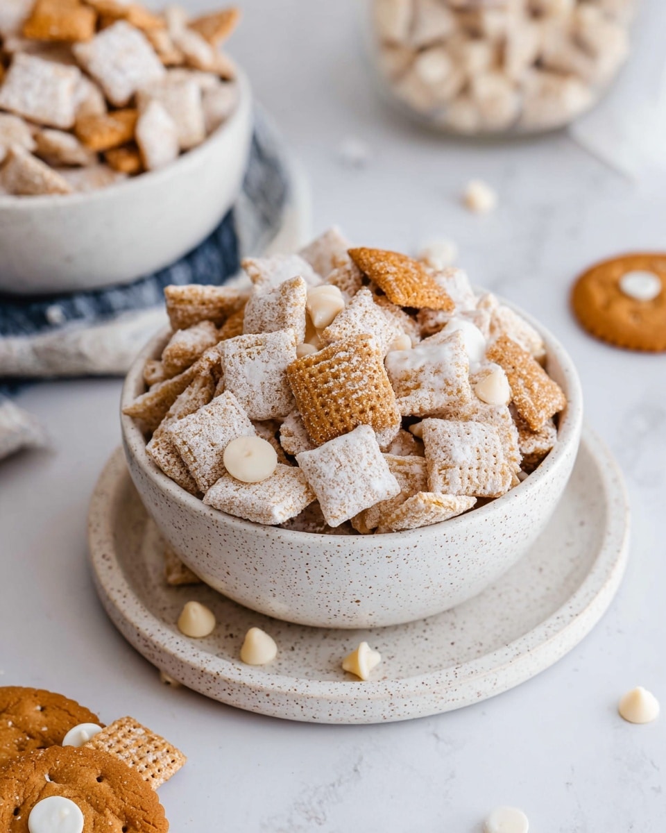 A white speckled bowl filled with a mix of light beige square cereal pieces coated with white powdered sugar and small chunks of golden brown cookies scattered on top, all placed on a white speckled plate resting on a white marbled surface; some white chocolate chips and a golden brown cookie with three white chips on top are positioned nearby on the surface, with parts of another similar bowl visible in the background, photo taken with an iphone --ar 4:5 --v 7