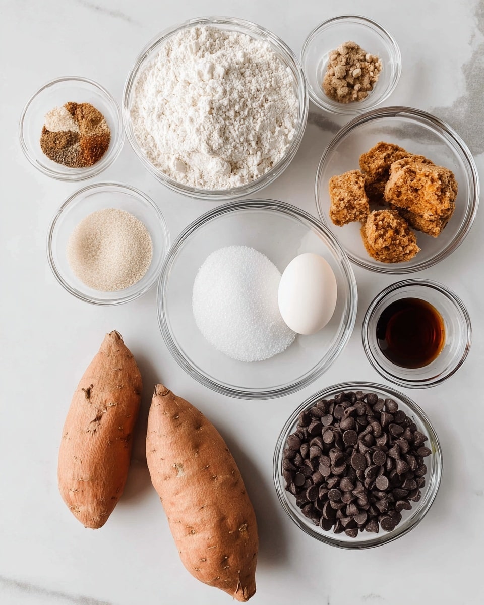 The image shows various ingredients neatly arranged on a white marbled surface. There are seven clear glass bowls with different contents: the largest holds white flour with a fine texture, another bowl has packed brown sugar with a crumbly texture and a small chunk missing, a medium-sized bowl is filled with white granulated sugar that looks smooth and even, a smaller bowl contains a mix of ground spices in shades of brown and white salts, another small bowl holds a fine white powder, and a bigger bowl is full of dark chocolate chips with a shiny surface. Nearby are two whole raw sweet potatoes with rough, orange-brown skins, one white egg with a smooth surface, and a small clear bowl with dark amber vanilla extract. The scene is bright and clean, showing clear details and natural colors. photo taken with an iphone --ar 4:5 --v 7