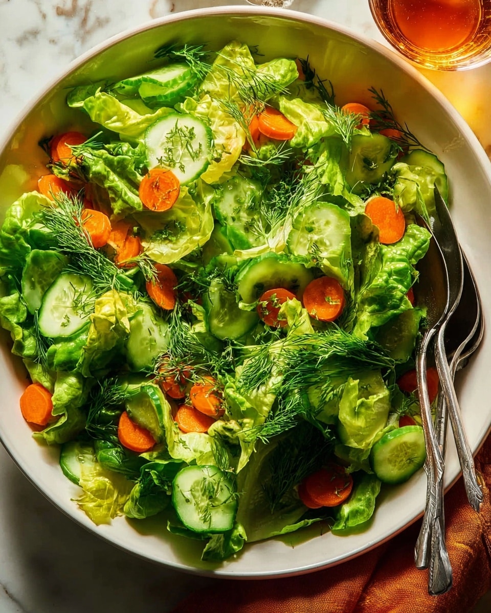 A large white bowl filled with fresh green lettuce leaves as the base layer, topped with thin cucumber slices and small round orange carrots scattered evenly. Sprigs of dill and chopped green herbs are spread on top, adding a delicate leafy texture. Two silver utensils rest inside the bowl on the right side. The background shows a white marbled surface with a glass of amber liquid partially visible at the top right corner. The lighting highlights the freshness and bright colors of the salad ingredients. photo taken with an iphone --ar 4:5 --v 7