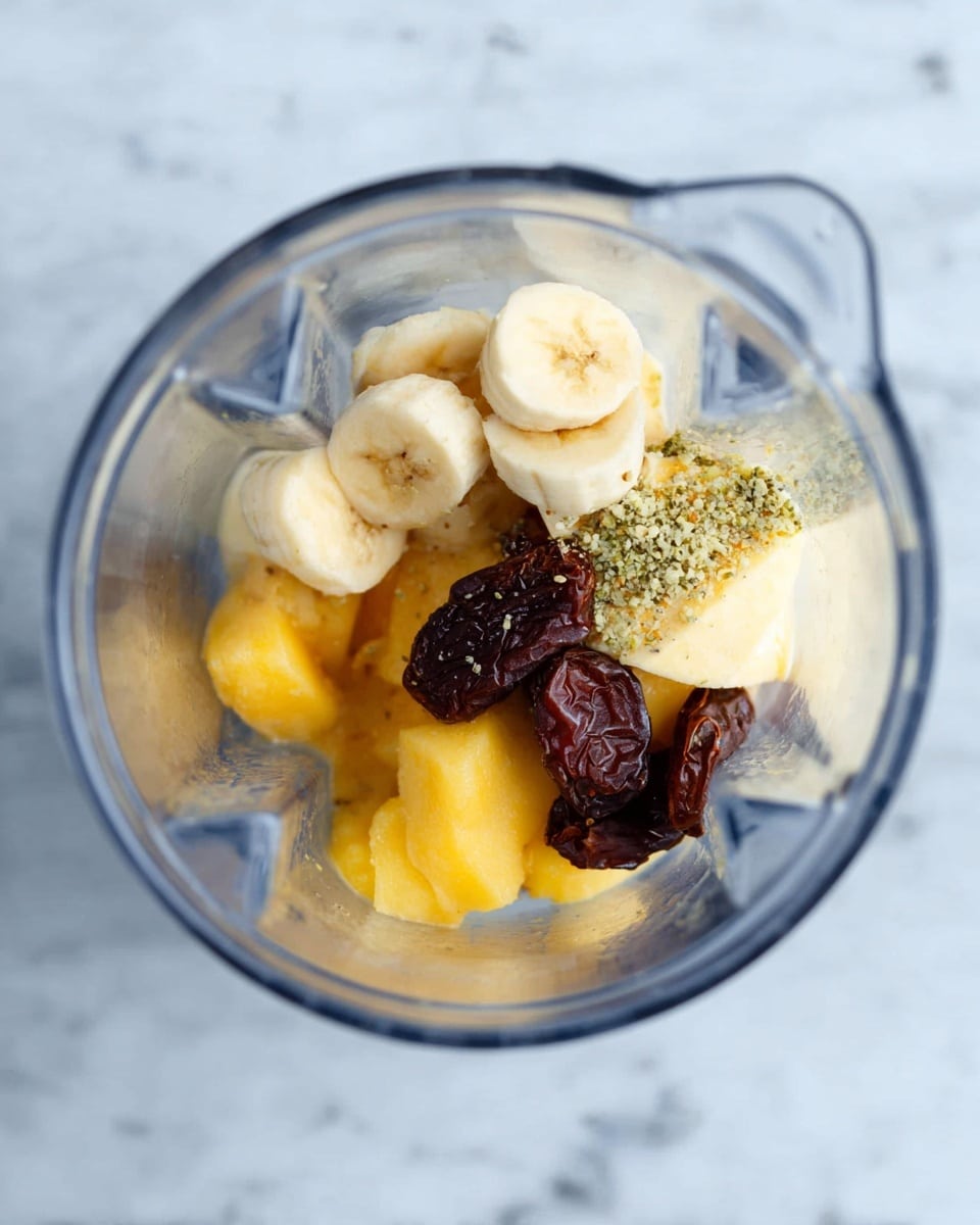 The image shows the inside of a clear blender container filled with several ingredients arranged in layers. At the bottom, there are bright yellow chunks of fruit, possibly mango or peach, with a soft texture. On top of this are pale slices of banana, round with a smooth surface. Scattered over the banana and fruit pieces are small, light green seeds or granules. On one side, there are a few dark brown, wrinkled pieces that look like dried dates, their glossy texture contrasting with the softer fruit. The blender is placed on a white marbled surface. photo taken with an iphone --ar 4:5 --v 7