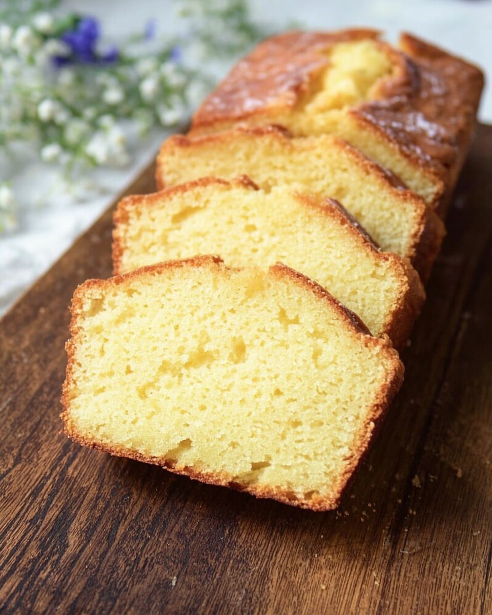 The image shows a loaf of yellow pound cake sliced into several even pieces, placed on a dark wooden board. The cake's crust is golden brown with a slightly rough texture, while the inside is soft and light yellow with small air holes. The background has a soft white tone with some small blue and white flowers out of focus. photo taken with an iphone --ar 4:5 --v 7