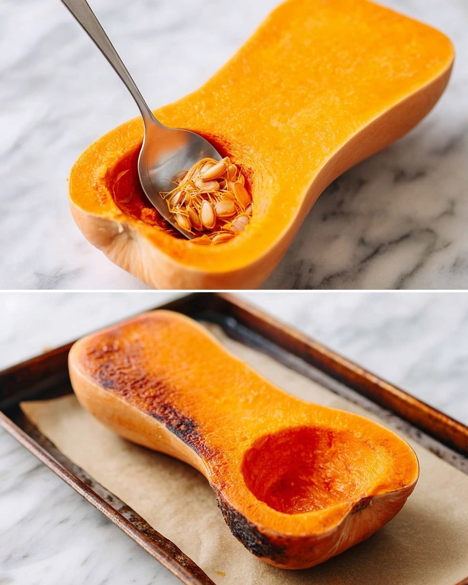 The image shows two stages of preparing butternut squash. On the left, a half of raw butternut squash is hollowed out, exposing a bright orange, smooth flesh with a small cavity filled with light brown seeds and stringy fibers; a metal spoon is in the cavity removing the seeds. On the right, a roasted butternut squash half lies flat on parchment paper on a baking tray, with the skin dark brown and slightly crisp while the flesh is a deep, rich orange with a wrinkled texture from baking. The background surface is white marble. photo taken with an iphone --ar 4:5 --v 7