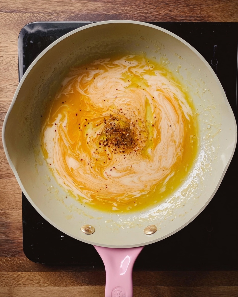 A frying pan with a light gray inside and pink handles holds a mix of melted butter and oil, showing swirls of yellow, light cream, and orange colors blending together. In the center of the pan, there is a small dark brown spot with small bits of seasoning or spices visible. The pan sits on a black stove, which is placed on a wooden surface. The overall look focuses on the melting and mixing layers of the fats with a smooth, shiny texture. photo taken with an iphone --ar 4:5 --v 7
