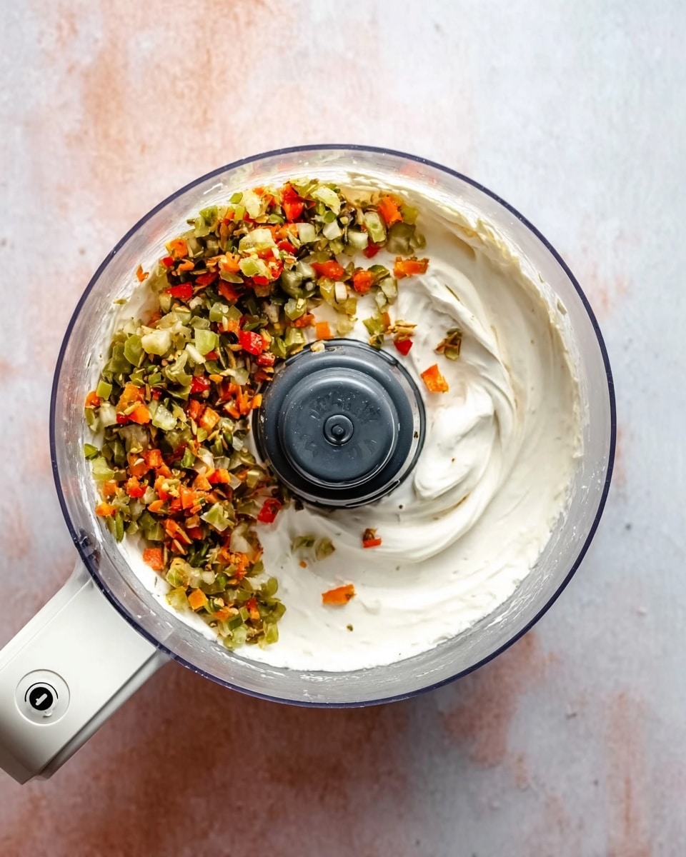 The image shows a clear food processor bowl on a white marbled surface, filled with two main layers. The bottom layer is smooth and creamy white in color. On top of this, there is a layer of chopped vegetables in shades of green, orange, and red, scattered unevenly mostly on one side. The food processor blade is visible at the center, dark gray, slightly embedded in the creamy layer. A woman's hand is holding the handle of the food processor, which is white with a black button. Photo taken with an iphone --ar 4:5 --v 7
