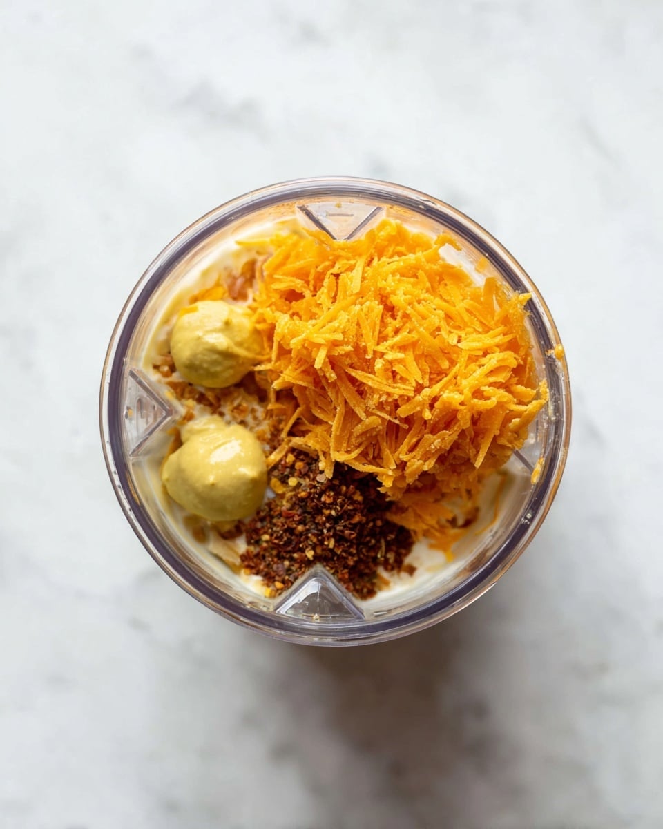 A clear blender cup filled with layered ingredients: at the bottom, a creamy white base, topped with bright orange shredded cheese covering most of the surface, and two small dollops of light yellow mustard spread on opposite sides. There is also a small pile of dark brown and black spices sprinkled near one dollop. The cup is placed on a white marbled surface. photo taken with an iphone --ar 4:5 --v 7
