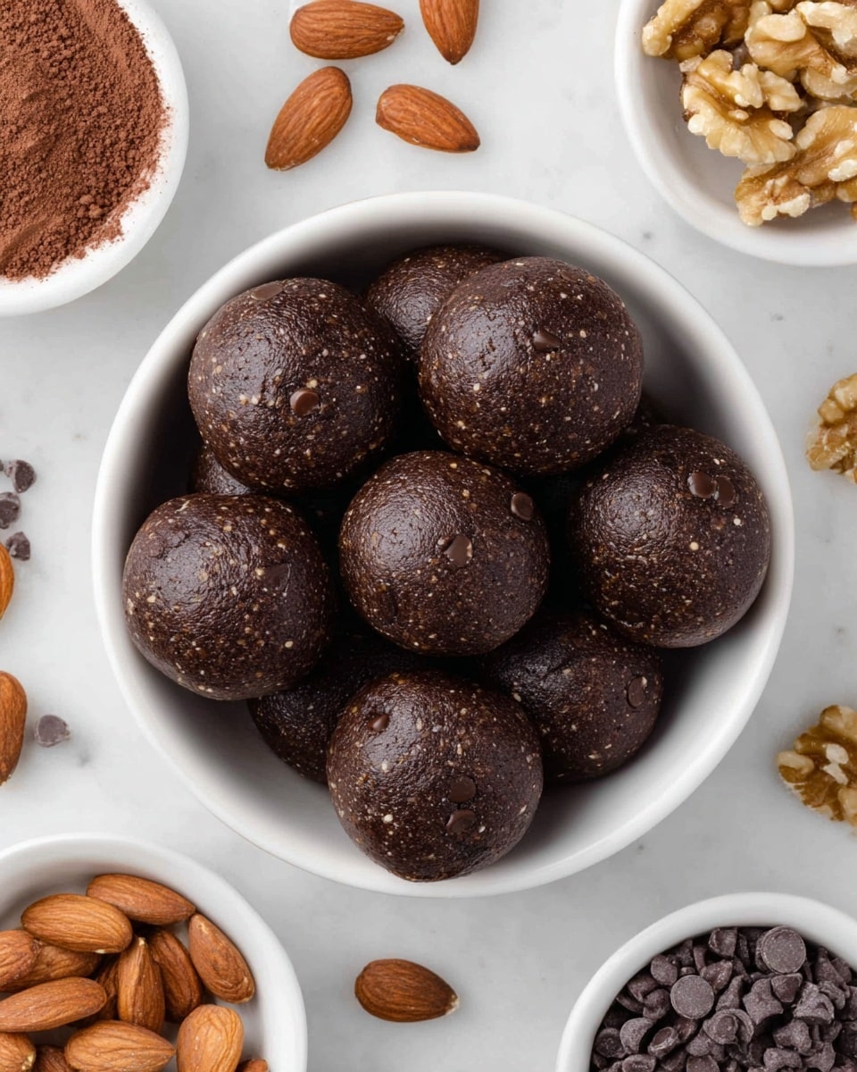 A white bowl filled with about twelve round, dark brown energy balls that have a smooth texture with small chocolate chips embedded on the surface. Surrounding this main bowl are smaller white bowls and scattered ingredients on a white marbled surface, including whole almonds with a light brown color, walnut pieces with a rough, light tan texture, and dark brown cocoa powder. Small chocolate chips are also scattered around the bowls, adding to the overall arrangement. Photo taken with an iphone --ar 4:5 --v 7