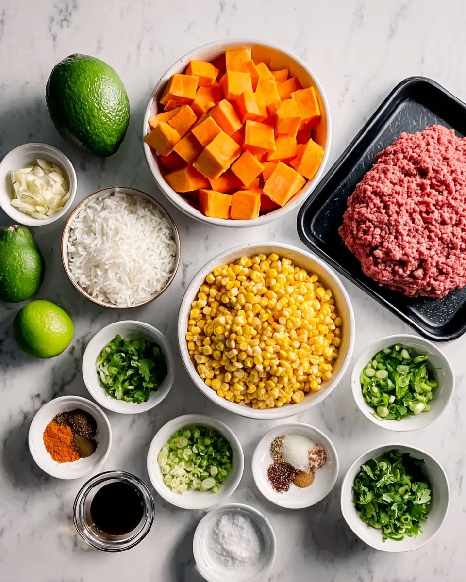 The image shows a white marbled surface with various white bowls and containers holding different ingredients. One bowl holds fluffy white rice, another large bowl contains bright orange cubed sweet potatoes, and a medium bowl is filled with yellow roasted corn kernels with some dark spots. A black tray holds raw ground beef with a fresh red color. Smaller white bowls hold chopped green onions, finely chopped cilantro, minced garlic, a mix of spices with red, brown, white, and black powders, creamy white sauce, and a reddish spice blend. Two whole green limes and one whole dark green avocado are placed among the bowls. There is also a small clear glass container with a dark liquid, likely oil. The colors are vibrant, and the ingredients are spread out neatly across the surface. Photo taken with an iphone --ar 4:5 --v 7