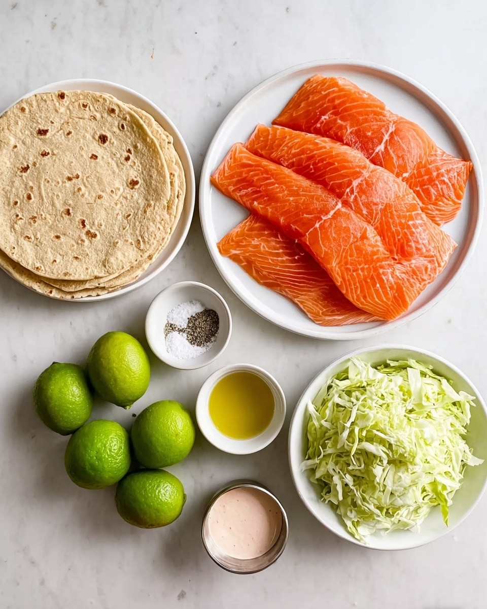 The image shows six bright orange slices of raw salmon arranged in a round white plate at the top center. Below this plate, to the left, there is a white plate holding five round flatbreads stacked on top of each other, showing a rough texture with small bubbles. To the right of the flatbreads, a small white bowl is filled with finely shredded pale green cabbage. Around these main dishes are small bowls and items: a small white dish holds coarse salt and black pepper, another small white bowl contains golden olive oil, a small white sauce bowl with pink creamy sauce, and a small metallic bowl with green salsa. At the bottom left, four whole green limes rest on the white marbled surface. The photo taken with an iphone --ar 4:5 --v 7
