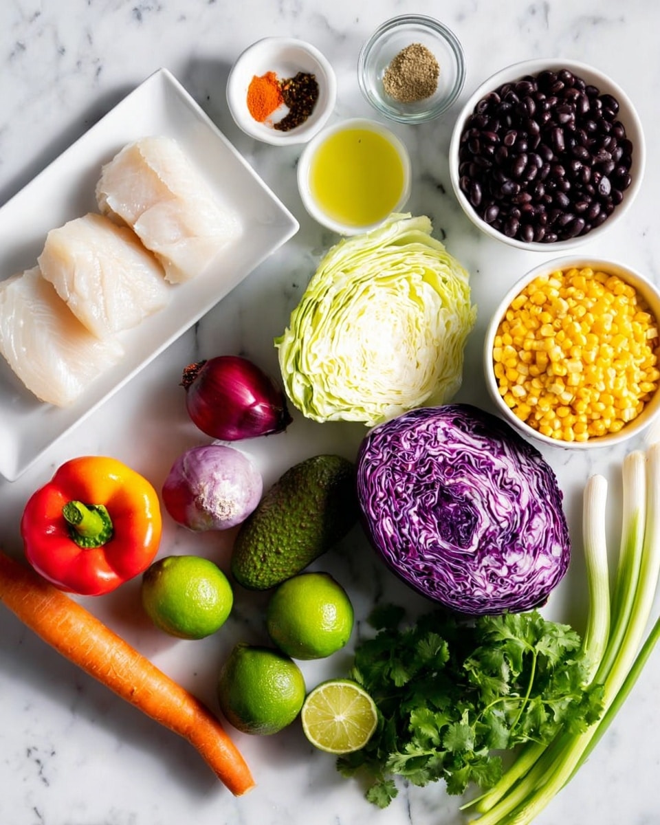 The image shows an arrangement of fresh ingredients on a white marbled surface. At the center, there are two bright green limes, a whole orange carrot, and a bunch of green onions with their white ends at the bottom right. To the right, a whole dark green avocado and a small bunch of green cilantro leaves are visible. Above them, there is a white bowl filled with black beans and another white bowl filled with yellow corn kernels. At the top middle, there is a half head of light green cabbage and a half head of purple cabbage next to it. On the left side, a red bell pepper lies near a sliced half green chile, a sliced purple onion, and a small white bowl with a brown spice blend. Above these, a small glass container of clear yellow oil is placed next to a white bowl of creamy white sauce. In the top left corner, three pieces of white fish fillets sit on a white rectangular plate. The photo has bright natural light and is taken with an iphone --ar 4:5 --v 7