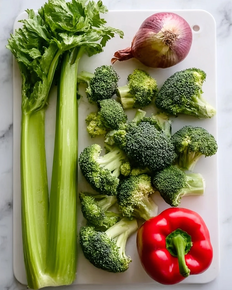 The image shows a white cutting board on a white marbled surface with fresh vegetables neatly arranged on it. There are three large stalks of celery with dark green leaves at the top placed diagonally. Around the celery, there are multiple pieces of broccoli florets in deep green color with a rough, bumpy texture. At the top center of the board, there is one whole shallot with its skin on, purple and beige in color. Next to the shallot, on the top right, there is one whole red bell pepper with a smooth and shiny surface and a green stem. The woman's hand is not in the image. Photo taken with an iphone --ar 4:5 --v 7