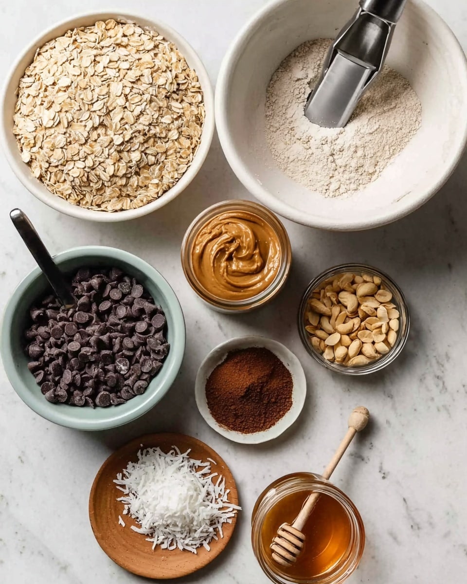 The image shows a white bowl filled with rolled oats at the top left, next to a glass jar of smooth peanut butter with a spoon inside it at the bottom left. To the right of the oats is a large white mixing bowl with a silver scoop resting inside it. Below the mixing bowl is a small white bowl of ground chocolate or cocoa powder. Nearby is a small wooden plate holding a black measuring spoon filled with shredded coconut. To the right of that is a clear glass bowl with peanuts. Below the peanuts is a small glass jar of honey with a wooden honey dipper inside. At the bottom left, there is a white bowl filled with dark chocolate chips. The surface has a white marbled texture. Photo taken with an iphone --ar 4:5 --v 7