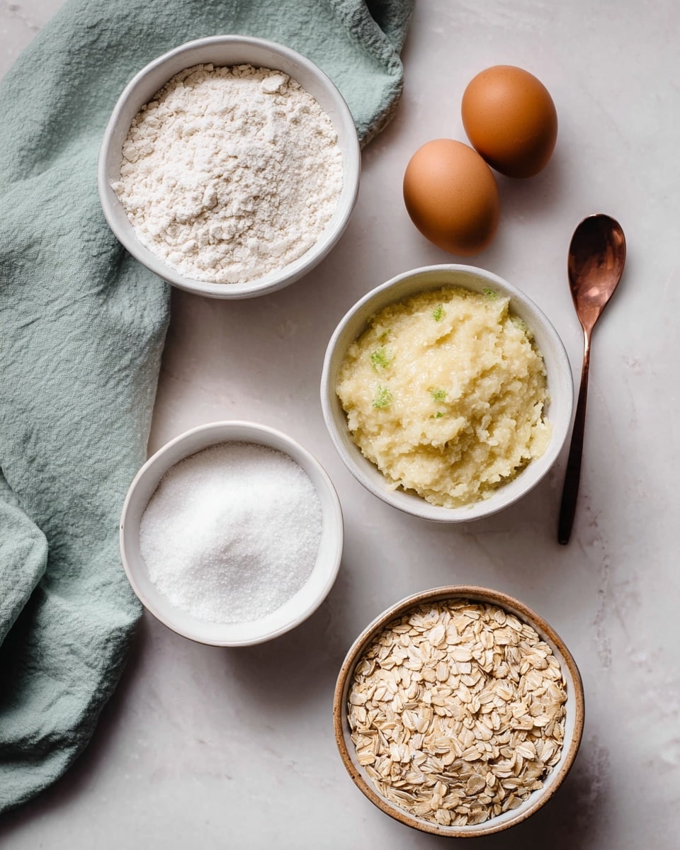 The image shows five baking ingredients arranged on a white marbled surface. There are two whole brown eggs placed side by side near the center right. At the top left, a white bowl filled with white flour with a slightly coarse texture. Below it, a white bowl containing a creamy, pale yellow mixture with some green flecks, possibly mashed banana or another soft ingredient. At the bottom center, a white bowl filled with fine white sugar, and to the right, another white bowl with light brown rolled oats. A copper-colored spoon lies above the eggs, and a soft green cloth is partially visible on the far left side. Photo taken with an iphone --ar 4:5 --v 7
