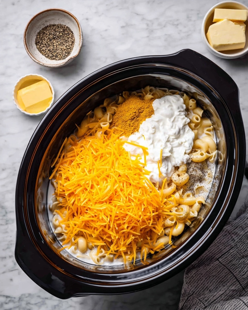 Inside a black slow cooker, there is a mix of ingredients layered together. At the bottom, pale yellow macaroni curls partly covered with white creamy liquid. On top of the macaroni, a mound of shredded bright orange cheddar cheese covers most of the right side. Next to the cheese, dollops of white cream cheese and a small amount of tan mustard sit side by side, with a sprinkle of black pepper nearby. Around the slow cooker, a small white bowl filled with coarse black pepper and another small white bowl with pale yellow butter are on a white marbled surface, along with a folded gray cloth on the right side. Photo taken with an iphone --ar 4:5 --v 7