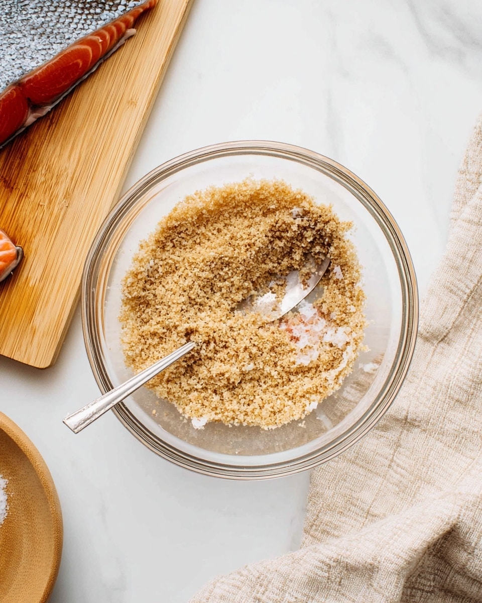 A clear glass bowl sits on a white marbled surface, filled with a crumbly, light brown mixture that looks like seasoned breadcrumbs with small white flakes scattered throughout. A silver spoon with a thin handle rests inside the bowl, partially digging into the crumbs. To the left, there is a wooden cutting board with a piece of raw salmon showing its shiny pinkish-orange skin edged with a bit of silver, and on the right side, a beige cloth with a subtle checkered pattern lies softly on the white marbled surface. photo taken with an iphone --ar 4:5 --v 7