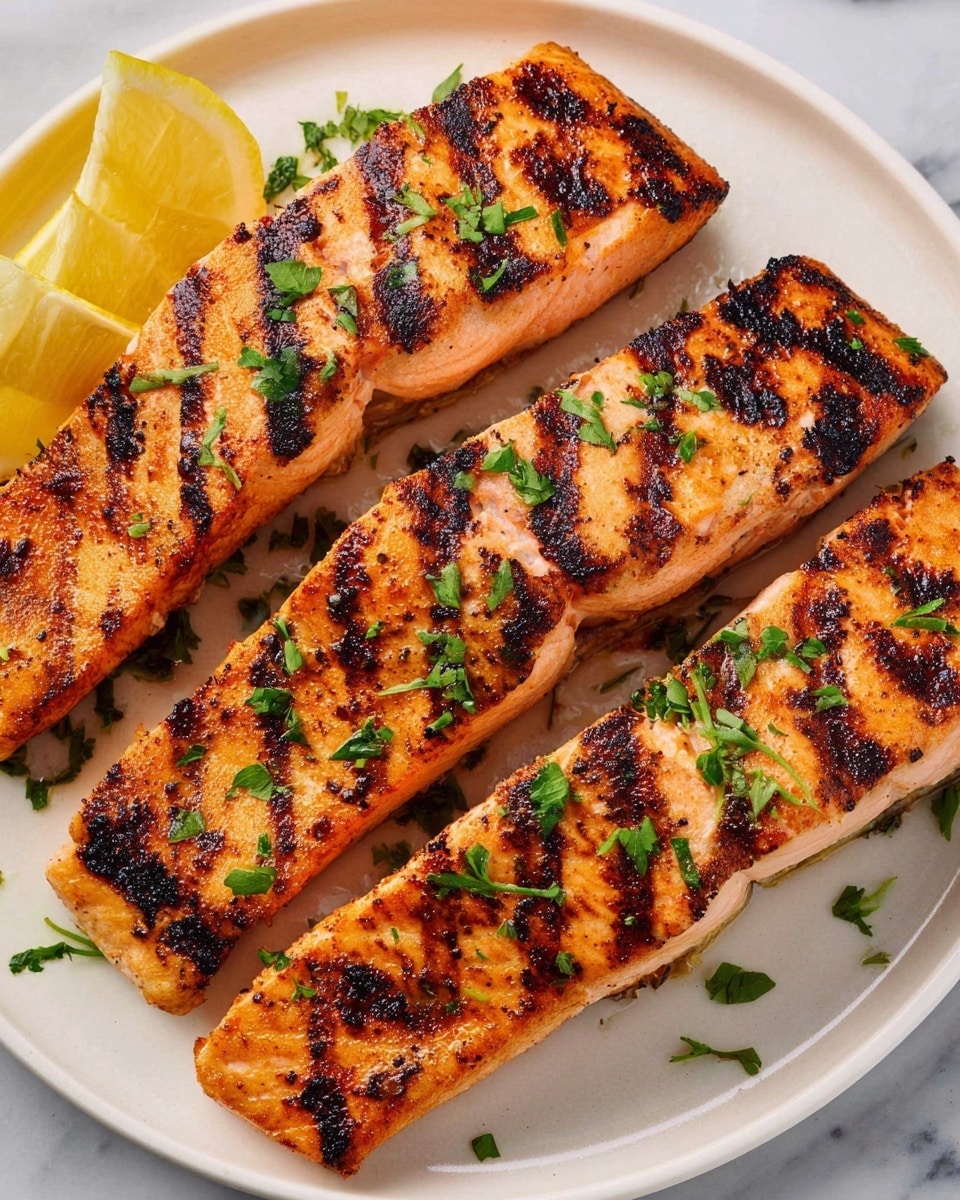 Four grilled salmon fillets with brown grill marks and slightly blackened edges are laid next to each other on a white plate. The salmon is pinkish-orange with a shiny, slightly oily texture, topped with small green herb leaves sprinkled across the fillets. A lemon wedge is placed at the edge of the plate, adding a bright yellow contrast. The plate sits on a white marbled surface. photo taken with an iphone --ar 4:5 --v 7