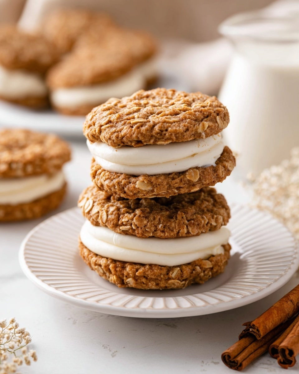 A stack of three oatmeal cream sandwiches sits on a white plate with ridged edges. Each sandwich has two rough-textured, light brown oatmeal cookies with visible oats and a thick, smooth white cream filling in the middle. In the background, there are cinnamon sticks on the white marbled surface, a clear glass of milk, and a white pitcher, all softly blurred. The scene looks warm and cozy, with soft lighting enhancing the details of the cookies and cream. photo taken with an iphone --ar 4:5 --v 7