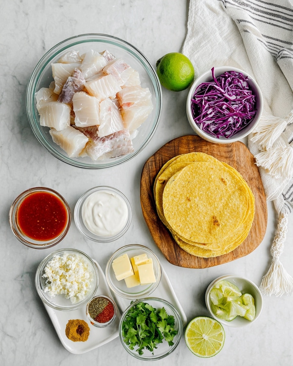 A clear glass bowl filled with stacked pieces of pale raw fish that are white and light pink sits on a white marbled surface. Next to it on the right, there is a round wooden board holding a pile of three yellow corn tortillas, a small white bowl with shredded purple cabbage, a fresh whole lime and a lime half, a small white bowl of crumbled white cheese, and some green cilantro leaves. Around the bowl of fish and wooden board are small clear and white bowls containing red sauce, green chopped herbs, white sour cream, creamy white mayonnaise, small cubes of pale yellow butter, golden yellow olive oil, and a white plate with several different colorful spices arranged in separate sections. A white and gray striped cloth with tassels lies in the top right corner. Photo taken with an iphone --ar 4:5 --v 7