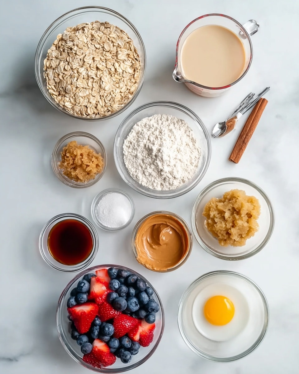 The image shows a white marbled surface with nine clear glass bowls and measuring cups arranged neatly in a flat lay style. The largest bowl at the top left is filled with light tan rolled oats. To the right, a small measuring cup contains a beige liquid, likely milk. Below that, a small clear bowl holds a chunky, pale yellow applesauce. Near the center, a small clear bowl contains white flour with a spoon on top. Below that on the left, a small bowl has a glossy dark brown liquid, probably maple syrup, and next to it is a small bowl with light tan peanut butter. On the bottom center, a medium clear bowl is filled with fresh blueberries and chopped red strawberries, showing bright blue and red colors. To the right, a small bowl has an egg with a yellow yolk sitting on white egg white. A tiny clear bowl near the flour contains white salt and a few cinnamon sticks. The scene is bright with soft natural light. photo taken with an iphone --ar 4:5 --v 7
