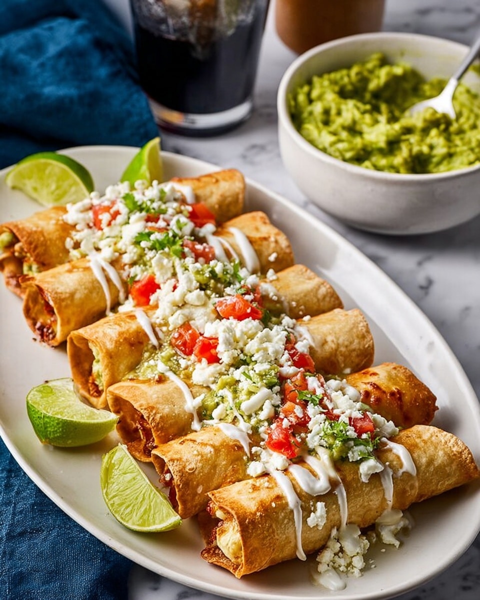 The image shows five golden-brown rolled tacos neatly placed in a row on a white oval plate, each topped with a drizzle of white sauce, crumbled white cheese, small pieces of red tomato, and a green chunky sauce. Behind the plate, there is a white bowl filled with bright green guacamole, a spoon resting inside, and lime wedges placed on a white marbled surface next to a dark drink in a glass. The background includes a dark blue cloth. The crispy texture of the tacos contrasts with the creamy and chunky toppings, making the dish look fresh and colorful photo taken with an iphone --ar 4:5 --v 7