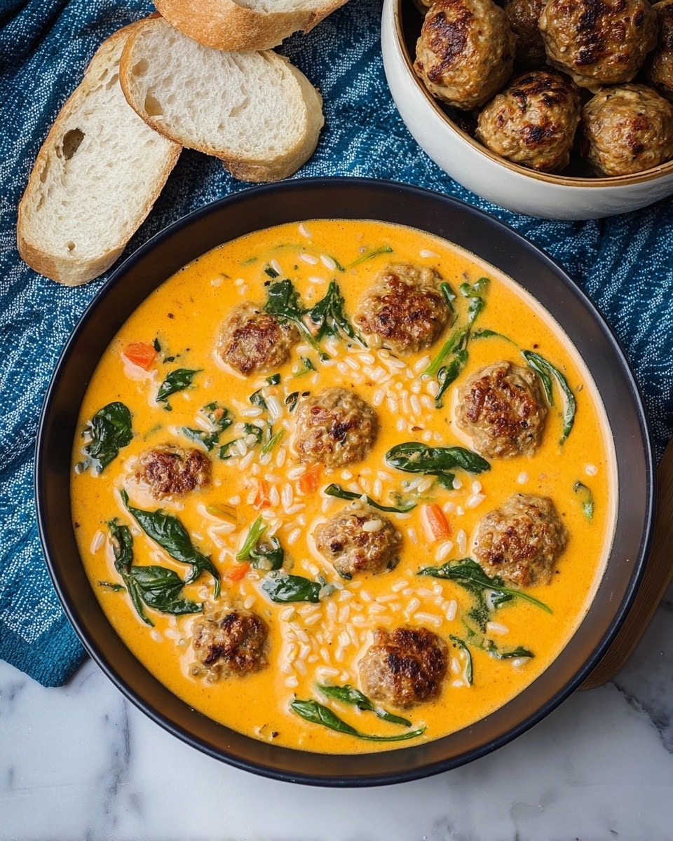 A black bowl filled with creamy orange soup containing about twelve brown meatballs, small pieces of white rice, green spinach leaves, and small orange carrot pieces evenly spread. Behind it, a white bowl holds several more brown meatballs. To the left, two slices of lightly dusted brown bread rest on a blue and white cloth over a white marbled surface. Photo taken with an iphone --ar 4:5 --v 7