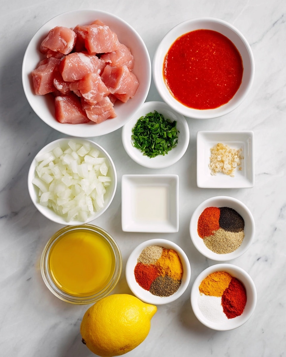 The image shows nine white bowls and one lemon arranged on a white marbled surface. The largest bowl, at the top left, holds raw pink meat cubes. To its right is a bowl of bright red sauce with a smooth texture. Below the meat bowl is a small bowl of chopped green herbs. In the center is a bowl of plain white liquid. To the right of the liquid bowl is a bowl with various ground spices in sections, showing colors like dark brown, orange, and black. Below it is a bowl with four different ground spices in sections, in orange, red, white, and brown shades. To the left of this bowl is another bowl filled with diced white onions. At the bottom left is a glass bowl with bright yellow mustard. At the bottom right is a lemon with a yellow skin and some dark spots. A small square white bowl with minced garlic and ginger sits above the lemon. The arrangement is neat and well-lit, with soft shadows. Photo taken with an iphone --ar 4:5 --v 7