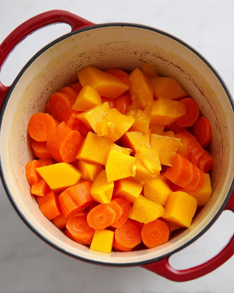 Inside a white pot with a red handle, there are two layers of chopped vegetables. The bottom layer shows round carrot slices with an orange color and a slightly rough texture. On top, there are larger, irregularly shaped chunks of bright yellow-orange butternut squash with a smooth, slightly shiny surface. The pot has a worn, slightly cracked cream interior, and the background surface is white marble. photo taken with an iphone --ar 4:5 --v 7