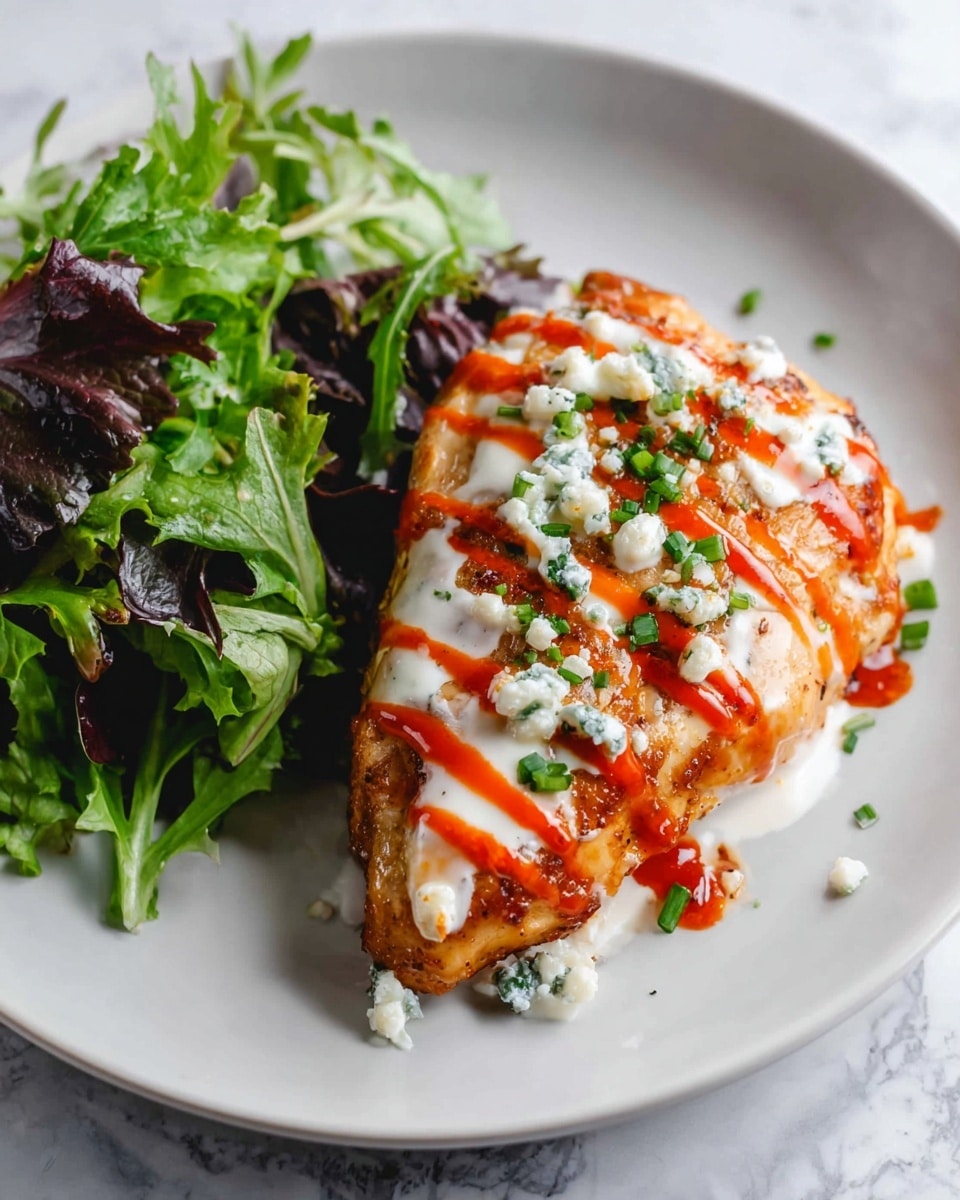 A cooked chicken piece with a golden-brown crispy skin sits as the main layer on a white plate. It is topped with white creamy sauce and bright red hot sauce drizzled in thin lines across the chicken. Small bits of white cheese and finely chopped green herbs are sprinkled on top. To the side, there is a fresh salad made of mixed green leaves adding a touch of vibrant green. The plate lies on a white marbled surface, creating a clean and fresh look. photo taken with an iphone --ar 4:5 --v 7