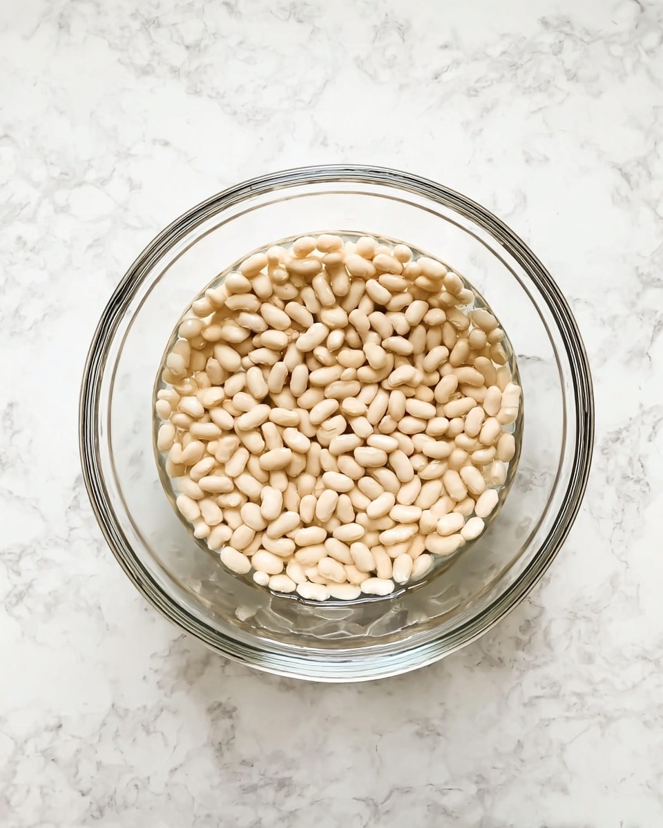 A clear glass bowl filled with small white beans soaking in clear water, sitting on a white marbled surface. The beans are densely packed and fully covered by the water, showing a soft beige color with smooth textures. The scene is bright and clean with no other items visible around the bowl, emphasizing the soaking beans. Photo taken with an iphone --ar 4:5 --v 7