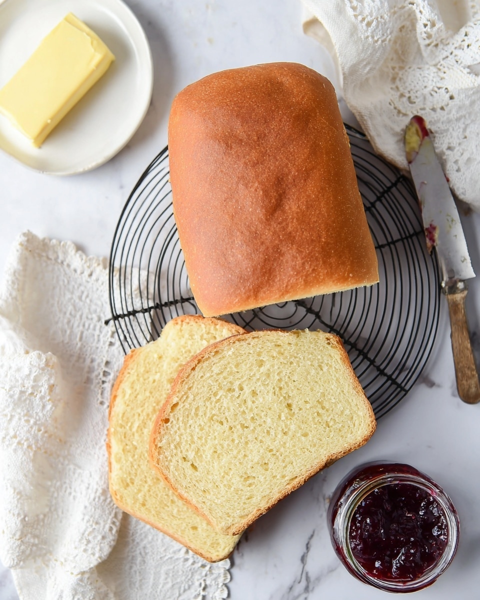 A loaf of golden brown bread sits on a round black cooling rack over a white marbled surface. Two slices of soft bread, light yellow inside with a slightly darker crust, are placed in front of the loaf. To the right, an open jar of dark red jam is next to a butter knife with jam on its blade. In the top left corner, a white plate holds a small block of yellow butter, and a white cloth with lace edges lies nearby. Photo taken with an iphone --ar 4:5 --v 7