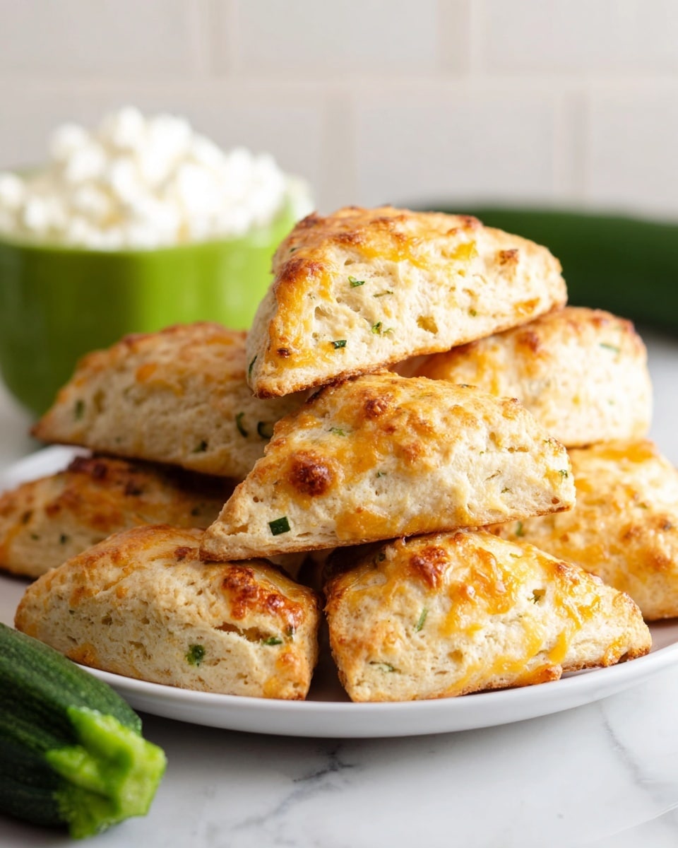 A white plate holds seven triangular scones stacked in a loose pile, each scone showing a light golden-brown crust with small browned cheese spots and bits of green herbs inside. The scones have a rough, crumbly texture with visible layers inside. In the background, there is a white marbled surface and a green bowl filled with white cottage cheese, slightly out of focus. In the foreground on the white marbled surface, part of a fresh green zucchini lays near the plate. photo taken with an iphone --ar 4:5 --v 7