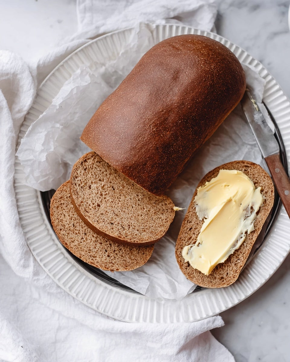 A dark brown loaf of bread sits on crumpled white paper placed on a ridged white plate, alongside two slices of the same bread showing a soft, porous texture inside. Next to the loaf and slices is a single slice spread with creamy, pale yellow butter, with a butter knife resting nearby, its blade covered with some butter. The scene is set on a white marbled surface with a white cloth partially visible under the plate. Photo taken with an iphone --ar 4:5 --v 7