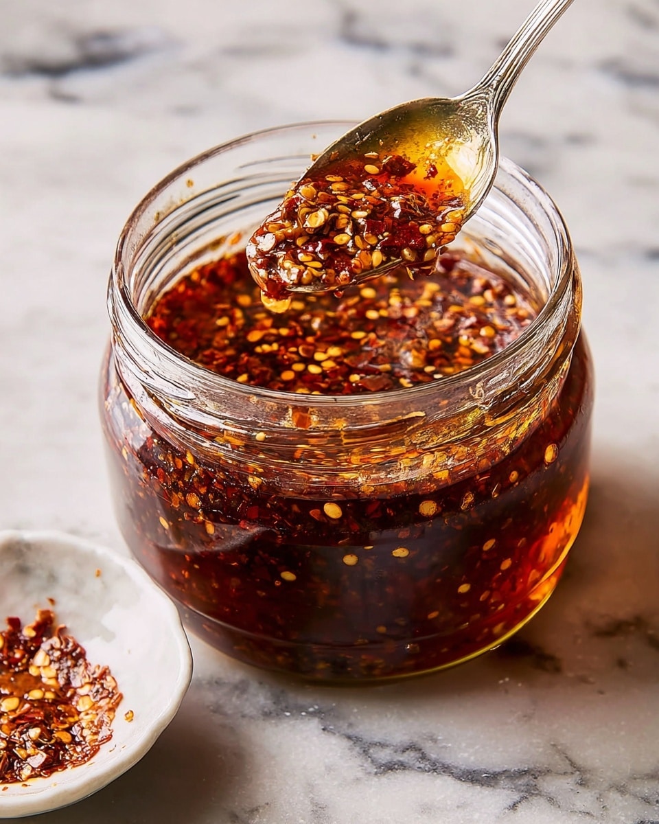 A clear glass jar is filled with a deep red chili oil sauce, showing a rich mix of crushed red chili flakes and small bits of spices floating in the oily liquid. A silver spoon is dipped into the jar, lifting some of the chili flakes and oil, emphasizing the thick, textured layer of chili and spice mixture on top of the liquid. The jar sits on a white marbled surface, with a small white bowl of extra chili flakes placed nearby. The lighting highlights the shiny, oily surface and the vibrant red-orange colors of the chili flakes and oil photo taken with an iphone --ar 4:5 --v 7