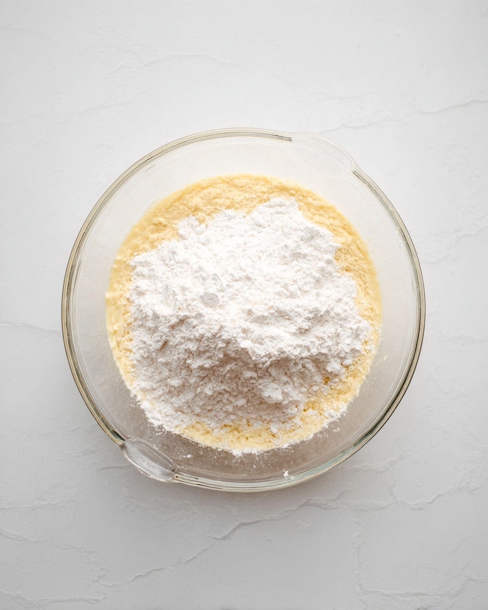 A clear glass bowl sits on a white marbled surface, containing two visible layers; the bottom layer is a light yellowish, smooth batter, and on top of it is a thick layer of white flour sprinkled evenly, creating a soft powdery texture. The bowl has a small spout on one side, and the overall scene is brightly lit with soft shadows. photo taken with an iphone --ar 4:5 --v 7