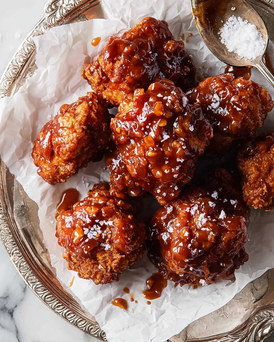 The image shows a pile of fried chicken pieces placed on crinkled white parchment paper over an ornate silver tray edge. Each piece of chicken is coated in a shiny, thick, dark amber sauce with visible small chunks, creating a glossy, sticky texture. The fried chicken underneath the sauce is golden-brown with a crispy and rough texture. Several pieces have been sprinkled with coarse white salt, adding contrast to the dark sauce and crisp fried surface. A small metal spoon filled with white salt is visible in the top right, with some sauce droplets around it. The entire setup is on a white marbled surface. photo taken with an iphone --ar 4:5 --v 7