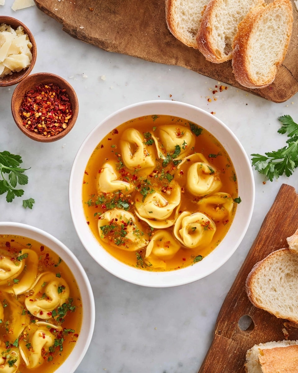 Two white bowls filled with clear orange broth and round tortellini pasta floating on top, garnished with small green parsley leaves and tiny red chili flakes. The tortellini are soft, plump, and have a smooth, pale yellow pasta skin. The bowls sit on a white marbled surface. Nearby, a wooden board holds sliced pieces of crusty bread with a golden-brown crust and a soft, airy inside. Small wooden bowls containing red chili flakes and grated cheese are visible on the side. A few sprigs of fresh parsley are scattered around the scene. Photo taken with an iphone --ar 4:5 --v 7