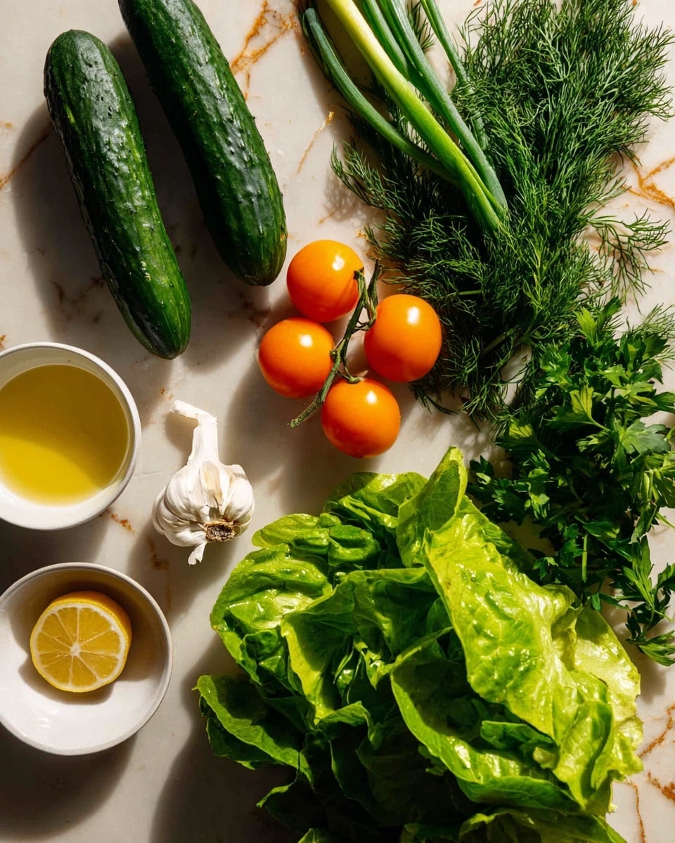 The image shows fresh salad ingredients arranged on a white marbled surface. On the left, there are two dark green cucumbers placed diagonally beside bright orange cherry tomatoes still on the vine. In the center, a single green onion stands vertically above a bunch of leafy green parsley. To the right, there is a vibrant bunch of fresh dill with its thin, feathery leaves. Below the dill, a large head of green lettuce with broad, curved leaves takes up a sizable space. Near the top right, a white bowl holds a light yellow dressing. Above the cucumbers, a small white dish contains a slice of lemon and a garlic clove. At the bottom left corner, there is a clear cup with olive oil. The lighting highlights the fresh textures and vibrant colors of the ingredients, creating a clean and fresh look. Photo taken with an iphone --ar 4:5 --v 7