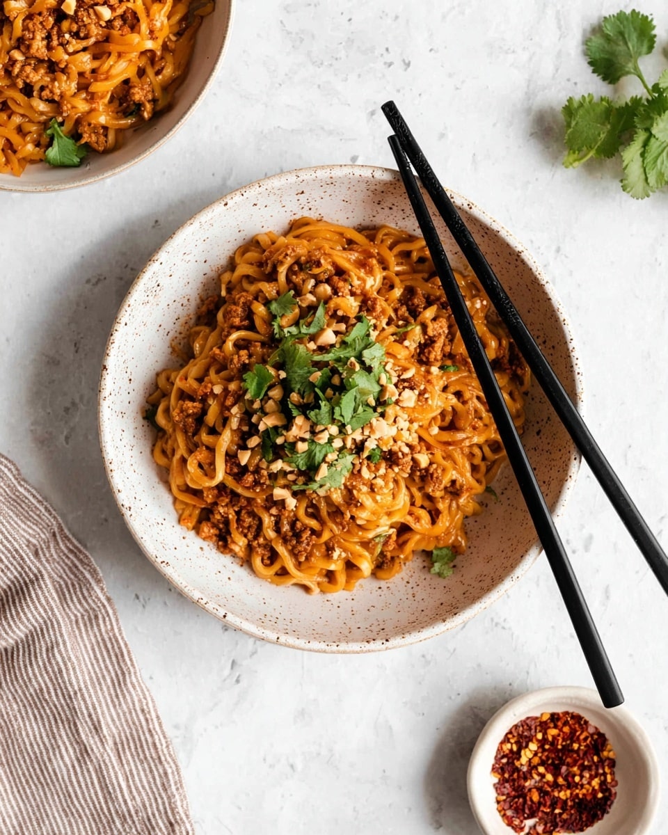 The image shows a white speckled bowl filled with noodles coated in a thick, orange-brown sauce mixed with small bits of ground meat or tofu. The noodles are topped with chopped peanuts and fresh green cilantro leaves, adding texture and color contrast. Two black chopsticks rest on the edge of the bowl, placed diagonally. The bowl is set on a white marbled surface with a striped cloth napkin beside it. In the background, another similar bowl partially appears, and two small white bowls hold red chili flakes and chopped cilantro, scattered lightly around. photo taken with an iphone --ar 4:5 --v 7