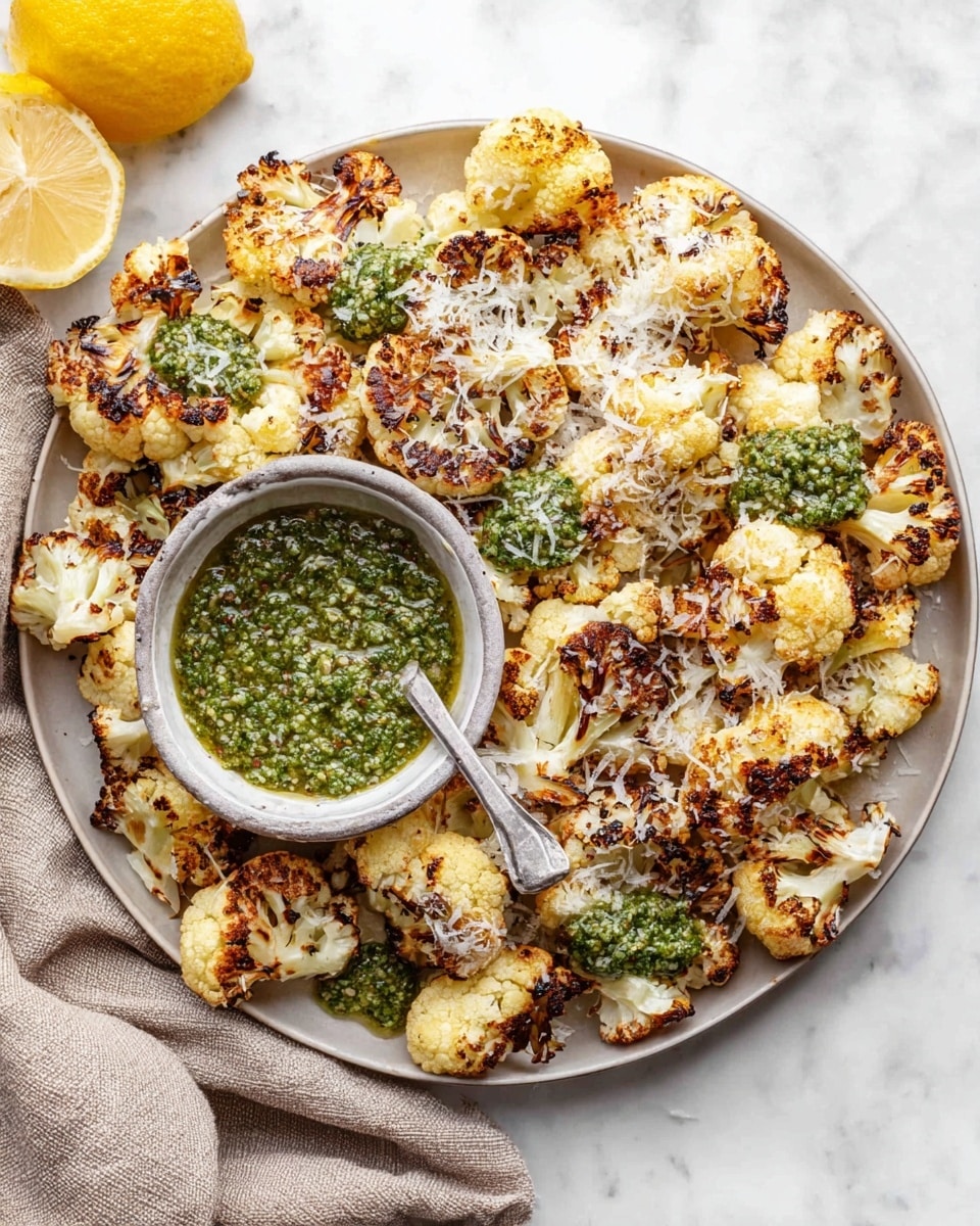 A white round plate is filled with a single layer of roasted cauliflower pieces, each showing golden brown charred spots and sprinkled with white grated cheese and small dollops of green pesto sauce on top. In the center of the plate, a small bowl holds a thick, textured green pesto with a spoon resting inside. Part of a halved lemon is visible in the top left corner, while a beige linen cloth lies folded above the plate, all set against a white marbled texture. Photo taken with an iphone --ar 4:5 --v 7