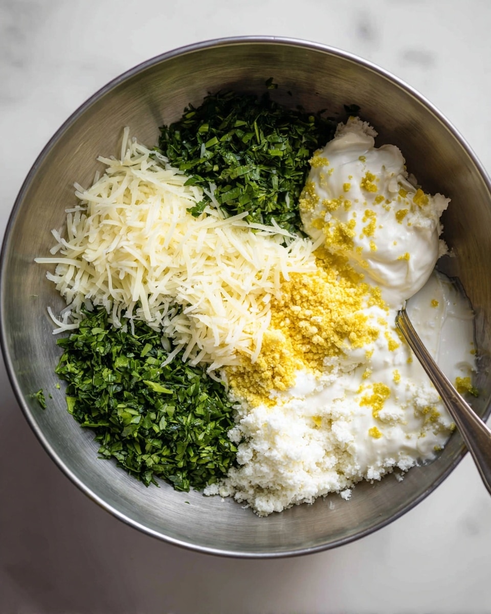 Inside a metal bowl on a white marbled surface, there are five main layers: bright green chopped herbs on the left side with two kinds of leafy textures, a pile of finely shredded white cheese next to them towards the top, a white creamy layer with a smooth texture on the right side topped with small bits of yellow lemon zest, a light yellow sprinkle of fine powder near the center, and a crumbly white layer filling the bottom right corner. A spoon is partially visible at the edge of the bowl. Photo taken with an iphone --ar 4:5 --v 7