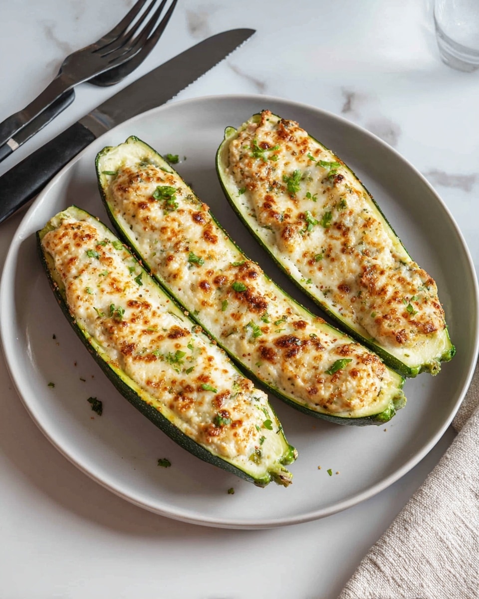 Three stuffed zucchini halves are arranged side by side on a round white plate. Each zucchini has a green rind and is filled with a creamy white mixture topped with golden-brown, slightly crispy spots. Small green herb bits are sprinkled over the filling adding a fresh touch. The plate sits on a white marbled surface with a knife and fork nearby and a light cloth partially in the frame. The image is bright and clear, showing the texture and colors well photo taken with an iphone --ar 4:5 --v 7