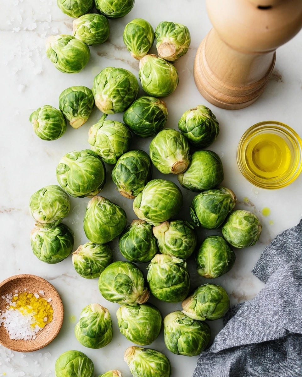The image shows many whole Brussels sprouts scattered on a white marbled surface. The Brussels sprouts are bright green with tightly packed leaves and thick stems. On the right side, there is a light wood pepper mill standing upright. Near the bottom left, a small round wooden plate holds coarse salt, and next to it is a small glass cup containing yellow oil. In the bottom right corner, a gray cloth is partially visible. The setting is bright and clean with a natural, fresh look. photo taken with an iphone --ar 4:5 --v 7
