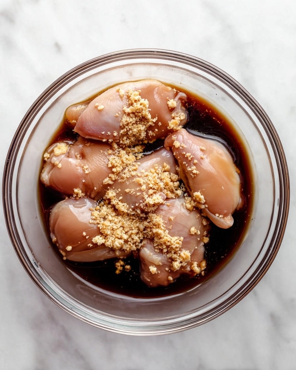 This image shows a clear glass bowl filled with six raw pieces of chicken thighs submerged in a dark brown soy sauce marinade. There is a layer of finely chopped or grated garlic sprinkled unevenly on top of the chicken, adding a rough texture and light beige color contrast. The bowl is placed on a white marbled surface, which softly reflects the bowl's shiny surface. The chicken pieces have a smooth and glossy look from the marinade, and the soy sauce pools around them creating a rich dark background. Photo taken with an iphone --ar 4:5 --v 7