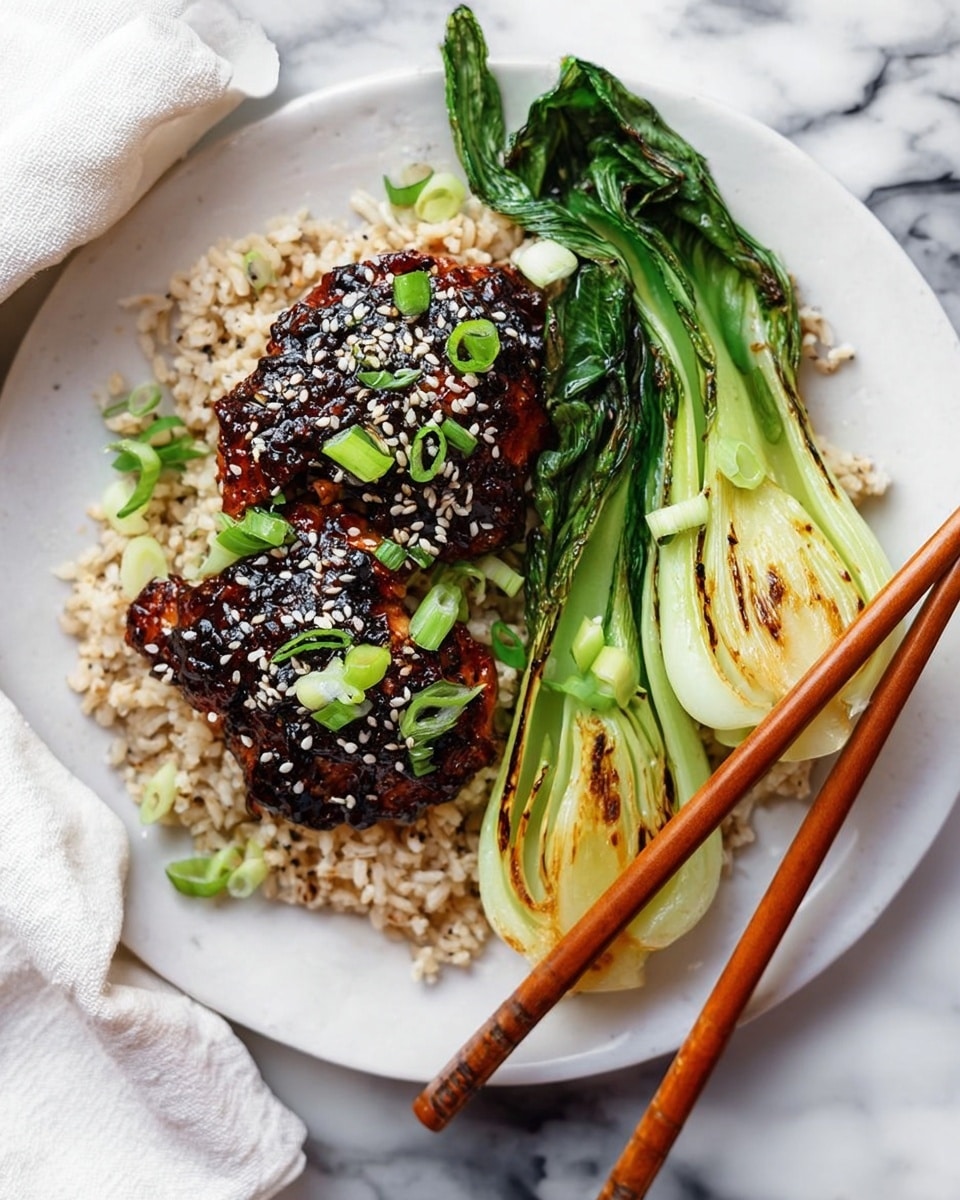 A white plate holds a bed of light brown rice as the base layer, topped with two pieces of dark glossy glazed chicken, sprinkled with white and black sesame seeds and chopped green onion pieces. On the right side of the plate, there are two halves of bright green bok choy with slight char marks, adding a fresh contrast. A pair of wooden chopsticks rest diagonally on the bottom right edge of the plate. The background shows a white marbled surface with a corner of a white cloth visible. Photo taken with an iphone --ar 4:5 --v 7
