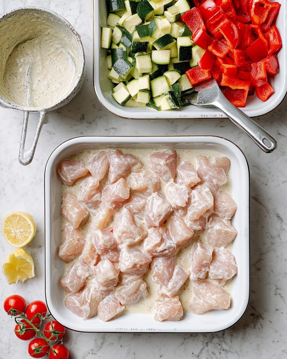 The image shows two white rectangular trays on a white marbled surface. The tray at the bottom is filled with pieces of light pink raw chicken coated in a creamy white sauce, spread evenly across the tray. Above it, the second white tray contains chopped green zucchini pieces on the left side and bright red bell pepper pieces on the right side, arranged in neat groups. To the left of the trays, there is a bowl with creamy sauce and a metal measuring scoop with some sauce inside. At the bottom left corner, a piece of sliced lemon is visible. To the right side on the surface, there are two small red cherry tomatoes attached to a vine. Photo taken with an iphone --ar 4:5 --v 7